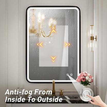 20x28 Inch LED Lighted Bathroom Mirror,Black Frame | ETL Listed,Anti-Fog,3000K/4500K/6000K Dimmable,Horizontal & Vertical,Wall Mounted,Memory Function,Ideal for Bathroom,Vanity