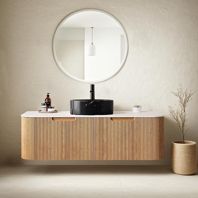 48 Inch Floating Bathroom Vanity with Sink, Plywood Bathroom Storage Cabinet with Stone Pattern Ceramic Basin and Countertop, Large Soft-Closing Storage Drawer, Pre-Assembled, Nature Wood