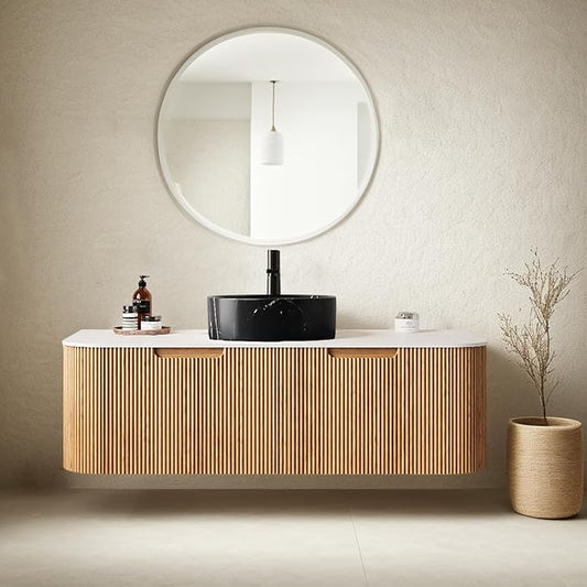 48 Inch Floating Bathroom Vanity with Sink, Plywood Bathroom Storage Cabinet with Stone Pattern Ceramic Basin and Countertop, Large Soft-Closing Storage Drawer, Pre-Assembled, Nature Wood
