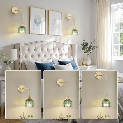 Battery Operated Wall Sconces CCT Dimmable Wireless Sconces Set of 2, Vintage Light Fixture with Green Flower Glass Lampshade Wall Decor Set of 2 for Living Room Bedroom Bedside Bathroom