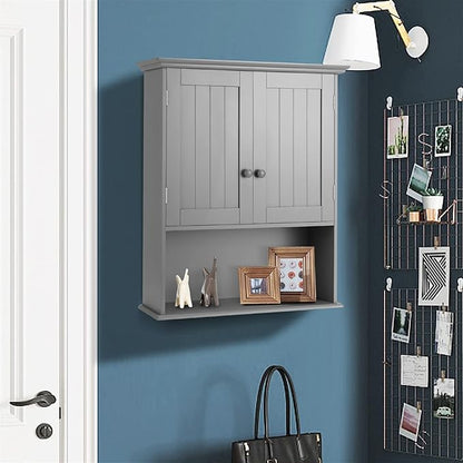 Tangkula Wall Mount Bathroom Cabinet Wooden Medicine Cabinet Storage Organizer with 2-Doors and 1-Shelf Cottage Collection Wall Cabinet (Grey)