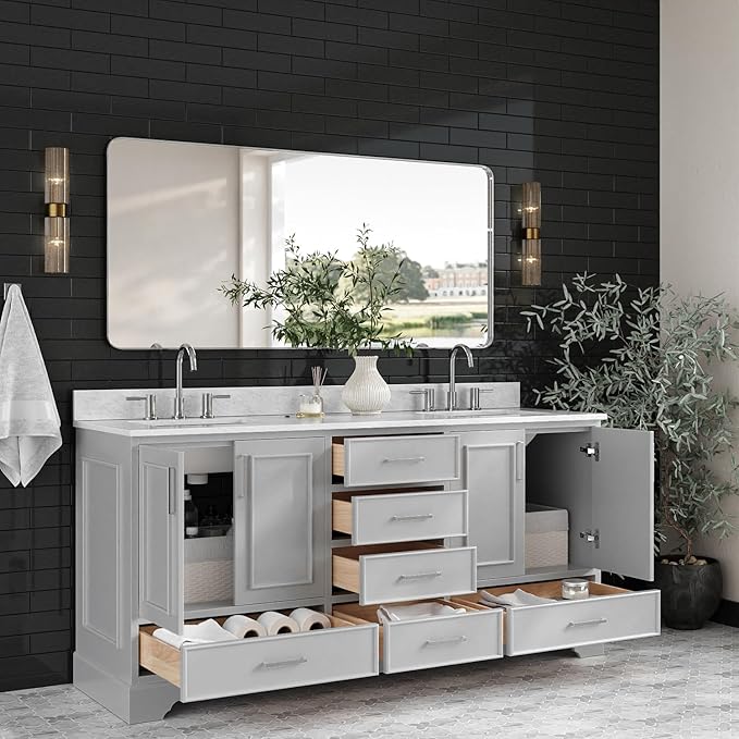 ARIEL Stafford 72-inch Bathroom Vanity with Sink,Solid Wood, 0.75-inch Italian Carrara Marble Countertop, Double Rectangular Porcelain Sink, 4 Soft Closing Doors, 6 Dovetail Drawers, Grey