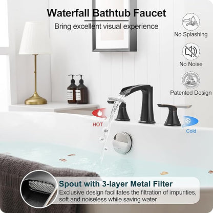 Waterfall Bathtub Faucet Oil Rubbed Bronze, Brass Bath Tub Faucet Set 3 Hole, 8 Inch High Flow Roman Tub Faucet, 2 Handle Deck Mount Bathtub Faucets Widespread with Water Hose for Farmhouse