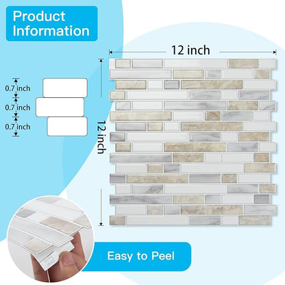Art3d Linear Design Tile Peel and Stick Backsplash, 10-Sheet, Beige & White | 12 x 12 Inch, Enhanced Thickness, Warp Resistant, Strong Adhesion, Sturdy, for Kitchen, Bedroom, Ideal for Home Improvement