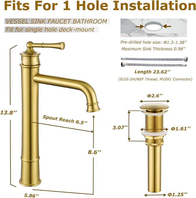 Brushed Gold Tall Bathroom Faucet,Single Hole Bathroom Sink Faucet | Deck Mount Single Handle One Hole Lavatory Vanity Faucet with Pop Up Drain Assembly Bathroom Sink Faucet for Mixer Bowl