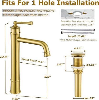 Brushed Gold Tall Bathroom Faucet,Single Hole Bathroom Sink Faucet | Deck Mount Single Handle One Hole Lavatory Vanity Faucet with Pop Up Drain Assembly Bathroom Sink Faucet for Mixer Bowl