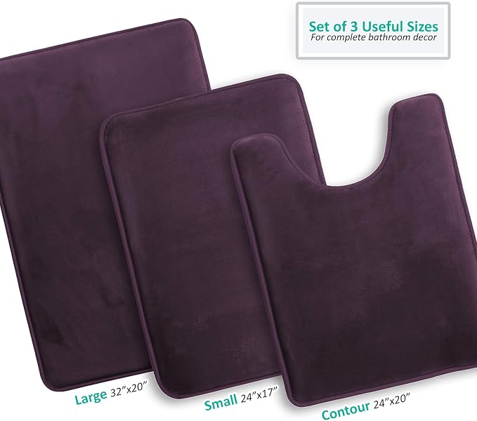Clara Clark 3 Piece Bathroom Rugs Bath Mat Set, Velvet Memory Foam Bath Mats for Bathroom - Non-Slip, PVC Backing Bath Rugs, Washable - Dries Quickly, Purple