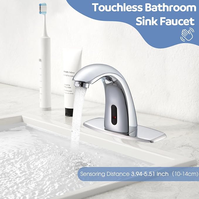 Touchless Bathroom Sink Faucets, Automatic Motion Sensor Sink Faucet with Hole Cover Deck Plate, Chrome Faucet for Bathroom Sink
