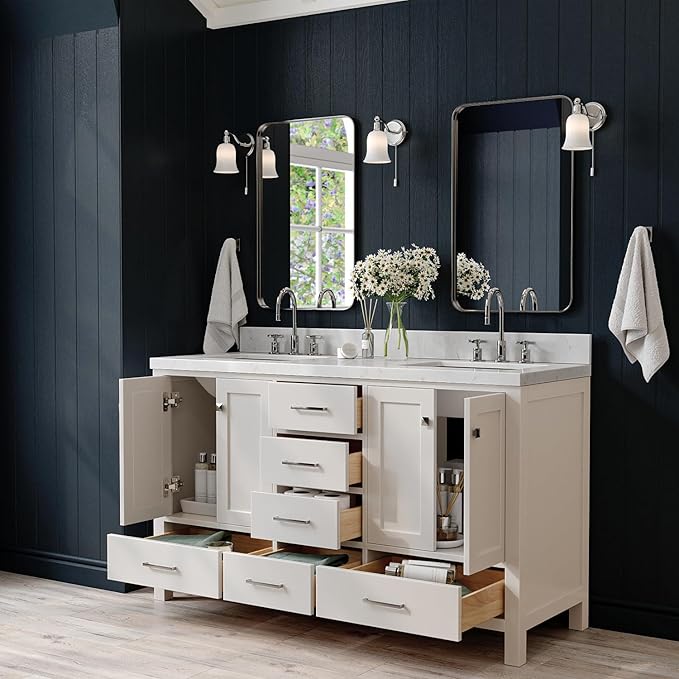 ARIEL Cambridge 60-inch Bathroom Vanity with Sink,Solid Wood, 1.5-inch Carrara White Quartz Countertop, Double Rectangular Porcelain Sink, 4 Soft Closing Doors, 6 Dovetail Drawers, Grey
