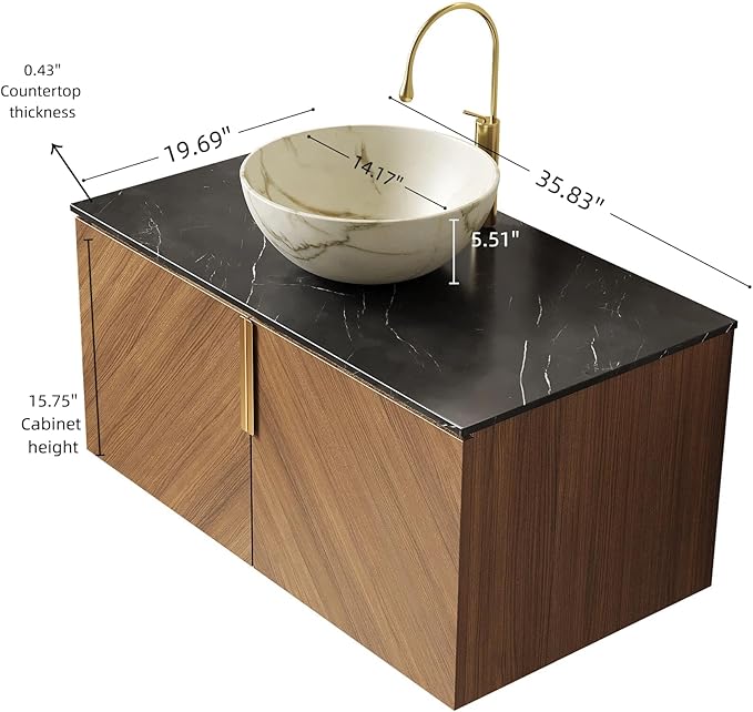 36 Inch Bathroom Vanity with Sink Combo, Floating Vanity Bathroom with Vessel Sink, Modern Bathroom Vanity Cabinet with Doors, Sintered Stone Countertop and Bowl Sink,Brown Oak