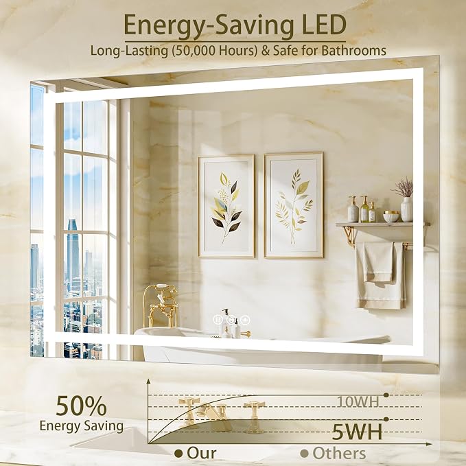 60"x40" LED Bathroom Mirror with Lights, Anti-Fog, Backlit+Frontlit | CRI 95, Stepless Dimmable, 3 Colors Lighting, Shatterproof Tempered Glass, HD Reflection, Memory, (Horizontal/Vertical)