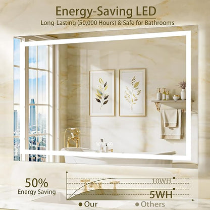60"x40" LED Bathroom Mirror with Lights, Anti-Fog, Backlit+Frontlit | CRI 95, Stepless Dimmable, 3 Colors Lighting, Shatterproof Tempered Glass, HD Reflection, Memory, (Horizontal/Vertical)