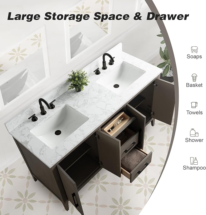 60 Inch Bathroom Vanity with Sink & Ceramic Top, Double Vanity Cabinet with Basin, Soft-Closing Doors & Matte Black Hardware, Driftwood Gray
