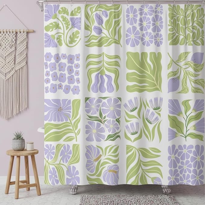 JAWO Cute Boho Floral Shower Curtain, Purple Green Abstract Floral Retro Aesthetic Shower Curtain for Bathroom, Funky Unique Waterproof Fabric Polyester Bath Curtains Decor with Hooks,70Wx70H