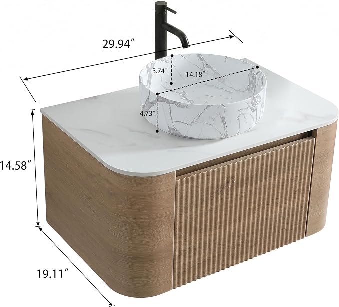 30" Preassembled Floating Bathroom Vanity with Carrara Finish Sink, Oak | Mid-Century Modern Style, Fluted & Soft-Close Drawer with U-shaped Wall, Sinterted Stone Countertop, Towel Rack Included