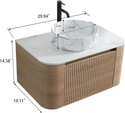 30" Preassembled Floating Bathroom Vanity with Carrara Finish Sink, Oak | Mid-Century Modern Style, Fluted & Soft-Close Drawer with U-shaped Wall, Sinterted Stone Countertop, Towel Rack Included