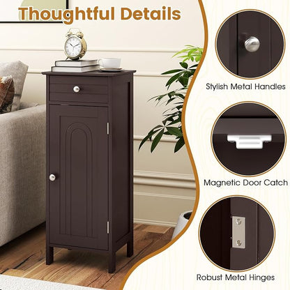 Giantex 34.5" Bathroom Cabinet with Drawer & Single Door (Brown) | Narrow Side Storage Organizer with 6 Shelf Positions, Freestanding Floor Storage Cabinet for Bathroom, Living Room, Entryway