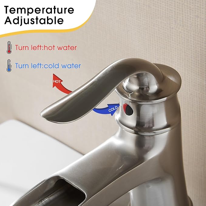 FRANSITON Waterfall Faucet Bathroom Faucet Single Handle One Hole Brushed Nickel Finish Large Spout Lavatory Faucets (Brushed Nickel)