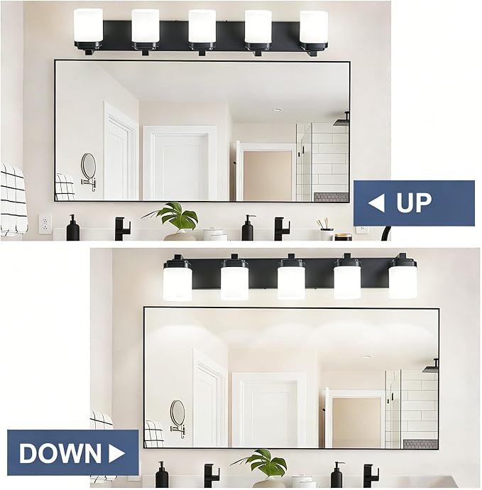 Bathroom Light Fixtures, Farmhouse Vanity Lights for Bathroom | 5-light black modern light fixture with milky white square glass shade, 36.5" modern bathroom lighting fixtures over mirror