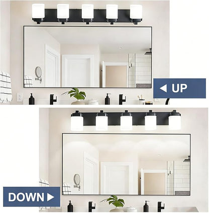 Bathroom Light Fixtures, Farmhouse Vanity Lights for Bathroom | 5-light black modern light fixture with milky white square glass shade, 36.5" modern bathroom lighting fixtures over mirror