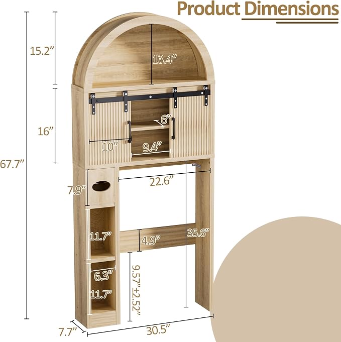Spurgehom Wood Over Toilet Cabinet, Freestanding Arch Bathroom Organizer | Wood Arch Over Toilet Cabinet with Sliding Doors, Toilet Paper Holder & Anti-tipping Device, Bathroom Storage Unit