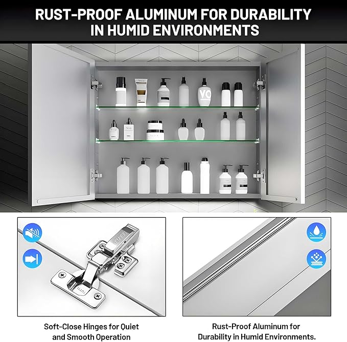 30 x 24 Medicine Cabinet Mirror for Bathroom,Aluminum Alloy Frame,Recessed/Surface Mounted,Mirrored Side Panel,Adjustable Shelves,Bathroom Medicine Cabinet with Mirror,Assembly Required