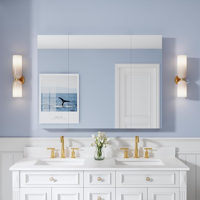 WELLFOR 48" x 36" Bathroom Medicine Cabinet with Mirror, Anodized Chrome Aluminum Frame, Surface Mount or Recessed Medicine Cabinet with Mirror, Bathroom Mirror with Storage, Three Doors