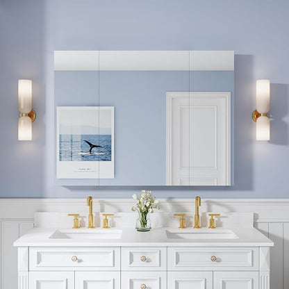 WELLFOR 48" x 36" Bathroom Medicine Cabinet with Mirror, Anodized Chrome Aluminum Frame, Surface Mount or Recessed Medicine Cabinet with Mirror, Bathroom Mirror with Storage, Three Doors