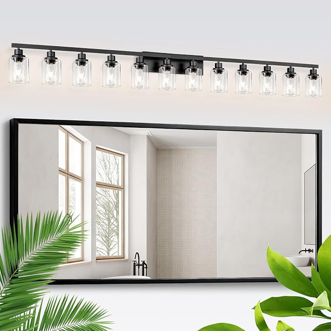 12 Light Bathroom Light Fixtures, Black Bathroom Lighting Fixtures Over Mirror Matte Black Modern Vanity Lights Wall Lighting for Mirror Bedroom, Living Room (78.7inch)