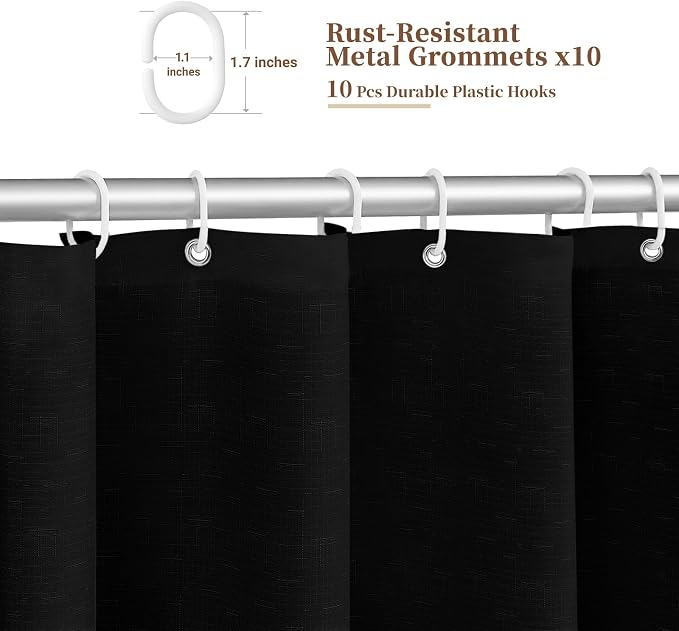 BTTN 54x78 Boho Scalloped Linen Textured Cloth Shower Curtain Set, Black | Narrow Long Size, 230GSM Waterproof Polyester, Heavy Duty Fabric, 10 Plastic Hooks, Elegant Farmhouse Style, Machine Washable