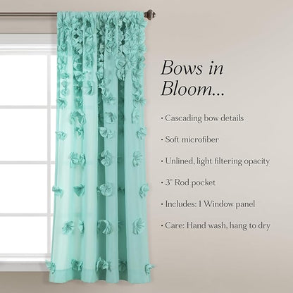 Lush Decor Riley Light Filtering Window Curtain Panel, Single 54" W x 63" L, Aqua - Cute Blue Curtains for Bedroom - Bow Decor - Coquette Curtains for Windows