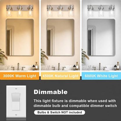 3-Light Bathroom Light Fixtures, Brushed Nickel Vanity Lights | Modern Bathroom Lighting Fixtures Over Mirror, Vanity Lights for Bathroom, Mirror, Restroom, Bedroom, E26