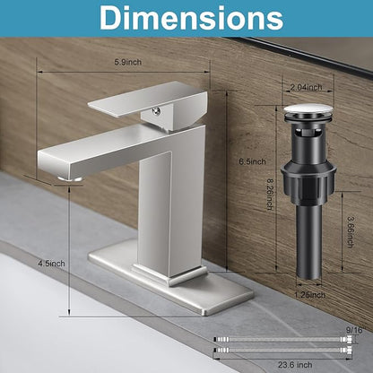 Bathroom Sink Faucet Single Hole Brushed Nickel Single Handle Faucet with Pop-up Drain and Deck for 1 Hole or 3 Hole Bathroom Sink Vanity