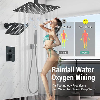 Shower Faucet Matte Black Shower System with 12" Celing+6" Wall Dual Rain Shower Head with Handheld Spray,Bathroom Luxury Brass Shower Valve with Shower Diverter Kit Shower Faucet Set Complete