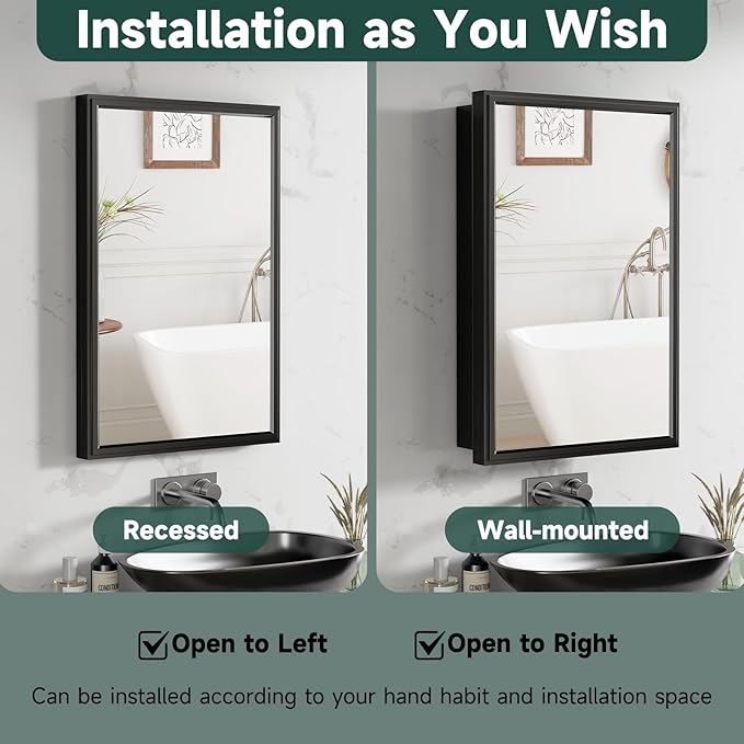 16x24 Inch Medicine Cabinet Mirror for Bathroom Recessed Medicine Cabinet with Mirror or Surface Wall-Mounted Aluminum Alloy Framed Bathroom Cabinet Mirror Black Metal