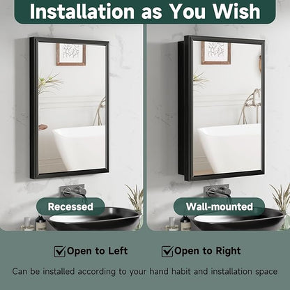16x24 Inch Medicine Cabinet Mirror for Bathroom Recessed Medicine Cabinet with Mirror or Surface Wall-Mounted Aluminum Alloy Framed Bathroom Cabinet Mirror Black Metal