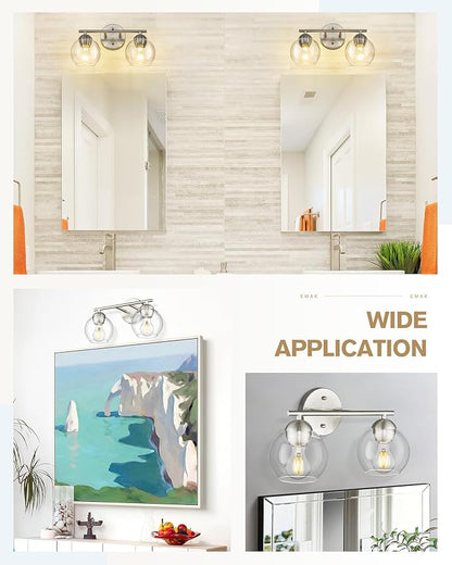 Emak Brushed Nickel Vanity Lights, 2-Light Bathroom Light Fixtures with Clear Glass Shade, Modern Globe Vanity Light for Bathroom, VL114-BN-2