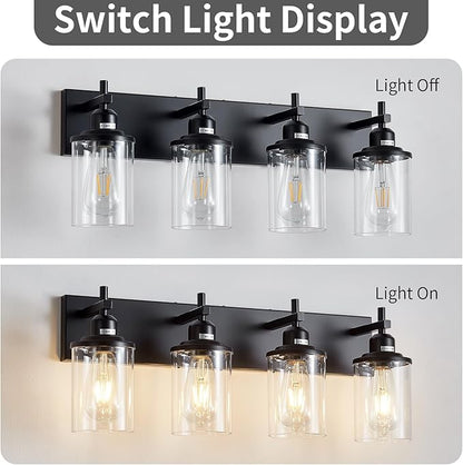 4-Light Black Bathroom Light Fixture Over Mirror Modern Farmhouse Bathroom Vanity Light Vintage Wall Lighting with Clear Glass Shade for Bathroom, Bedroom, Hallway, Cabinet