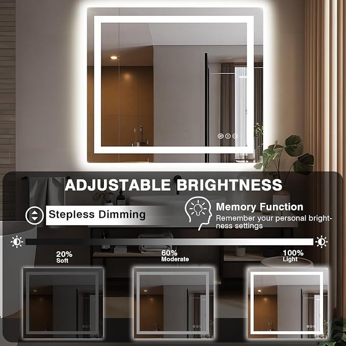 EchosLife 40"x38" Lighted Mirrors for Bathroom Wall | Backlit + Front Lit, Anti-Fog, Stepless Dimmable, 3 Colors, Memory, Tempered Glass, UL Listed, Horizontal/Vertical