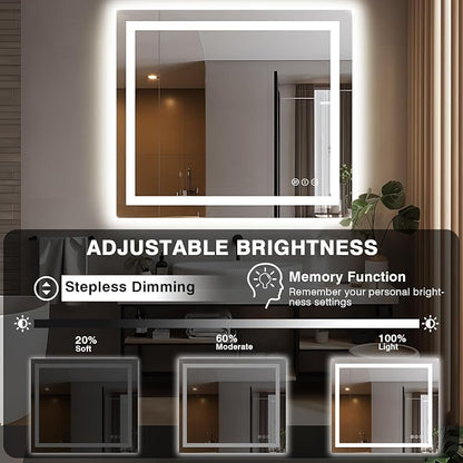 EchosLife 40"x38" Lighted Mirrors for Bathroom Wall | Backlit + Front Lit, Anti-Fog, Stepless Dimmable, 3 Colors, Memory, Tempered Glass, UL Listed, Horizontal/Vertical