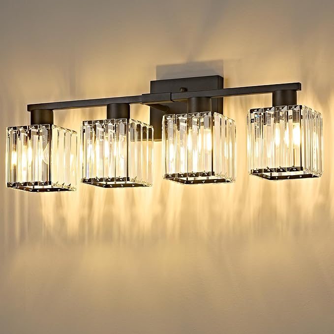 4-Light Bathroom Light Fixtures, Modern Black Crystal Wall Light for Bathroom,Lighting Fixtures Over Mirror