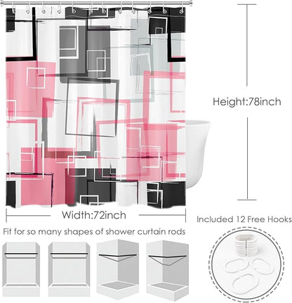 Pink and White Geometric Modern Shower Curtain for Bathroom Decor,Black and Grey Abstract Striped Shower Curtain with Hooks Mid Century Minimalist Bathroom Shower Curtain Set,78L X 72W inches