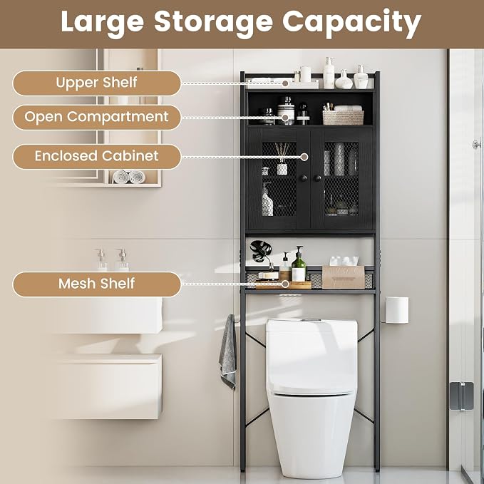 BECOMFORT 5-Tier Over the Toilet Storage Cabinet, Above Toilet Bathroom Shelf with Metal Stand, Mesh Grid Doors, Toilet Paper Holder & Hook, Freestanding Space Saver (Black)
