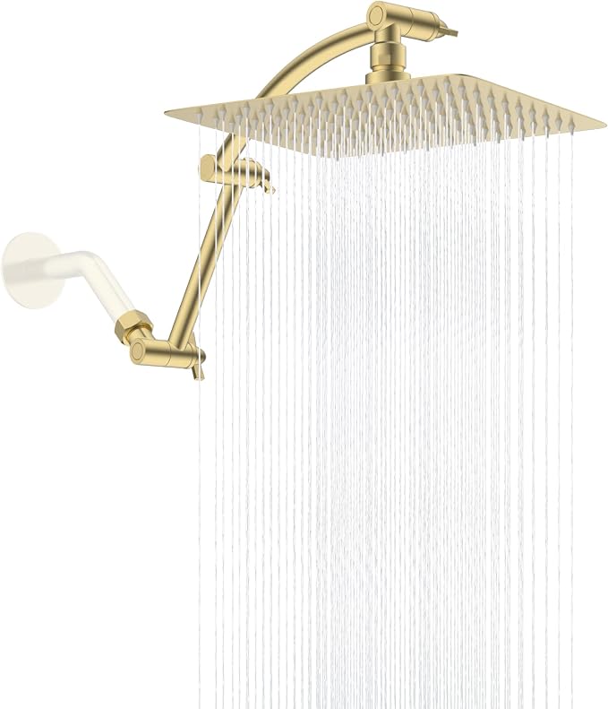 Hibbent All Metal 10'' Rain Shower Head, 16'' Extension Arm, Brushed Gold | cUPC Certified High Pressure Rainfall Showerhead with Solid Brass Adjustable Shower Head Extension Arm, Fixed Showerheads