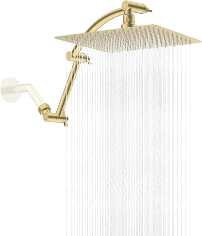 Hibbent All Metal 10'' Rain Shower Head, 16'' Extension Arm, Brushed Gold | cUPC Certified High Pressure Rainfall Showerhead with Solid Brass Adjustable Shower Head Extension Arm, Fixed Showerheads