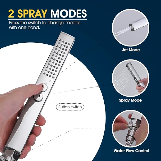 All-Metal High Pressure Square Handheld Shower Head with Jet Spray and Rainfall Modes, Volume Control Regulator, ON/OFF Switch, Hose and Wall Mounted Adjustable Bracket, Chrome