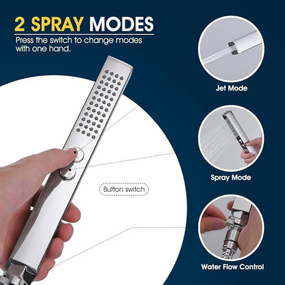 All-Metal High Pressure Square Handheld Shower Head with Jet Spray and Rainfall Modes, Volume Control Regulator, ON/OFF Switch, Hose and Wall Mounted Adjustable Bracket, Chrome