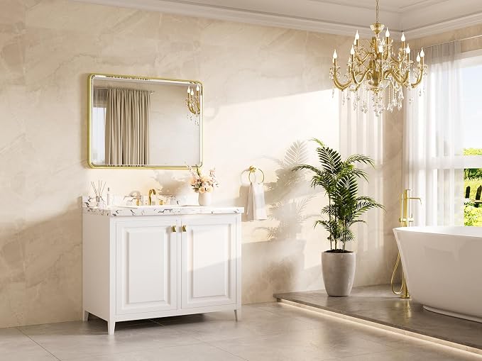 Brushed Gold Vanity Mirror for Bathroom 40 x 30 Beveled Edge Tempered Glass, Rounded Corner Rectangle Wall Mirror for Modern Bathroom, Living Room, Bedroom, Entryway