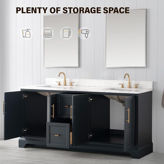 Vanity Art 72 Inch Bathroom Vanity with Double Sink, Vintage Spruce Blue | Solid Wood, Ceramic Sink, Marble Top, Waterproof Backsplash, Pre-assembled, Soft-close Doors, Ample Storage, Freestanding