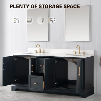 Vanity Art 72 Inch Bathroom Vanity with Double Sink, Vintage Spruce Blue | Solid Wood, Ceramic Sink, Marble Top, Waterproof Backsplash, Pre-assembled, Soft-close Doors, Ample Storage, Freestanding